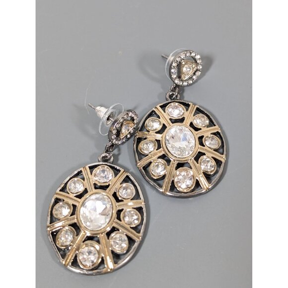 Two Tone Rhinestone Oval Dangle Earrings Modernist Industrial Statement Bold - Picture 2 of 6